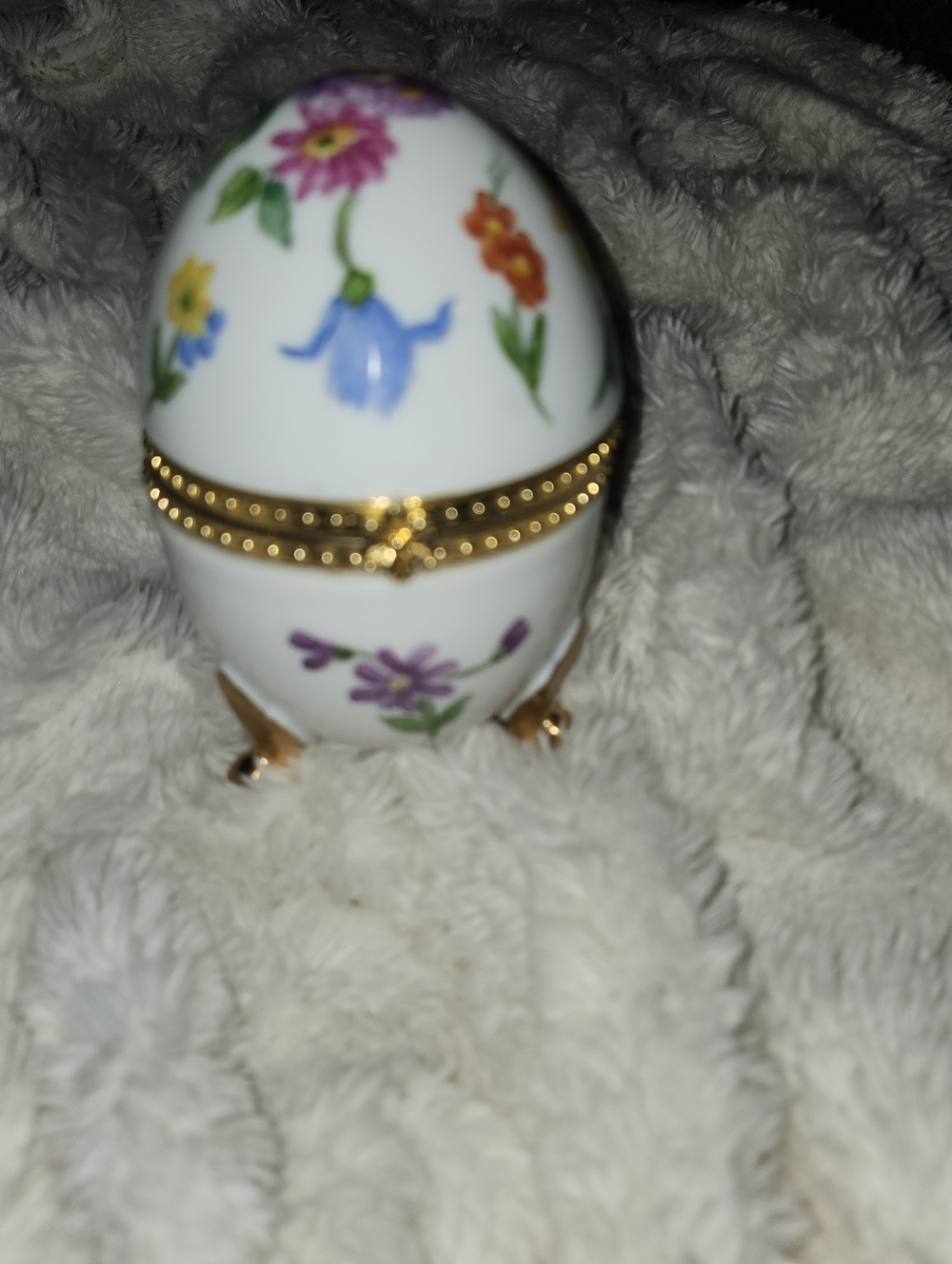 Porcelain Floral Egg Trinket Box with Gold Accents - White
